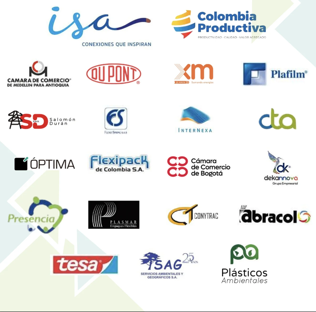 Logos de empresas que han confiado en INDUNNOVA, entre ellas Postobón, Dupont, Internexa, Colmena Seguros, ABRACOL, Interchile, Plásticos Ambientales y Plastines